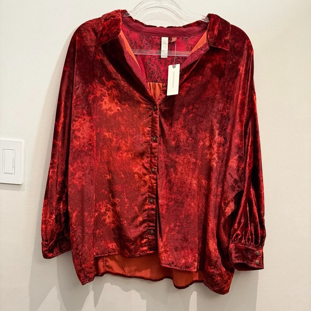 NWT - Anthropologie Pilcro Orsay Cherry Red Velvet Button Down Top Size L - Picture 2 of 10